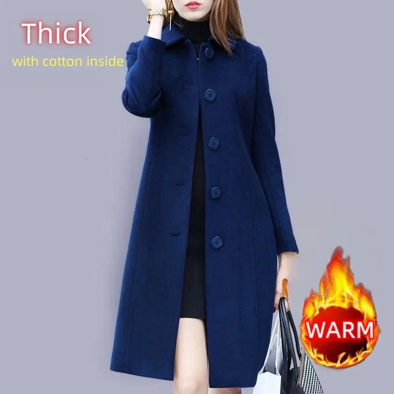AutumnWinter Elegant Office Lady Thin Thick Woolen Coat Women Chic AllMatch Solid Straight MidLength Windbreaker With Pocket 241121