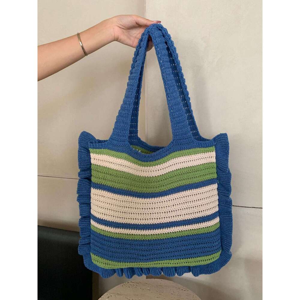 New Retro Knitted Hand Woven Tote Woolen Women's Hand-Held Shoulder Bag, Shopping Bag B2