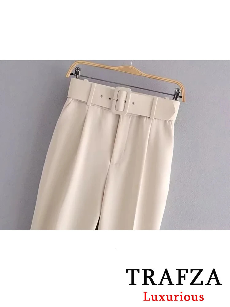 TRAFZA Office Womens Beige Womens Long Sleeve V-neck Oversized JacketHigh Waist Wide Leg Pants Fashionable Retro Set 241130