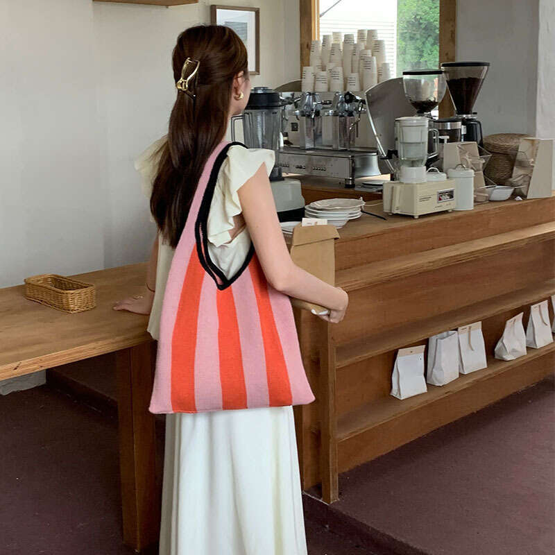 New Knitted Niche Striped Shoulder Simple Fashion Women's Bag Handbag Shopping Bags B2