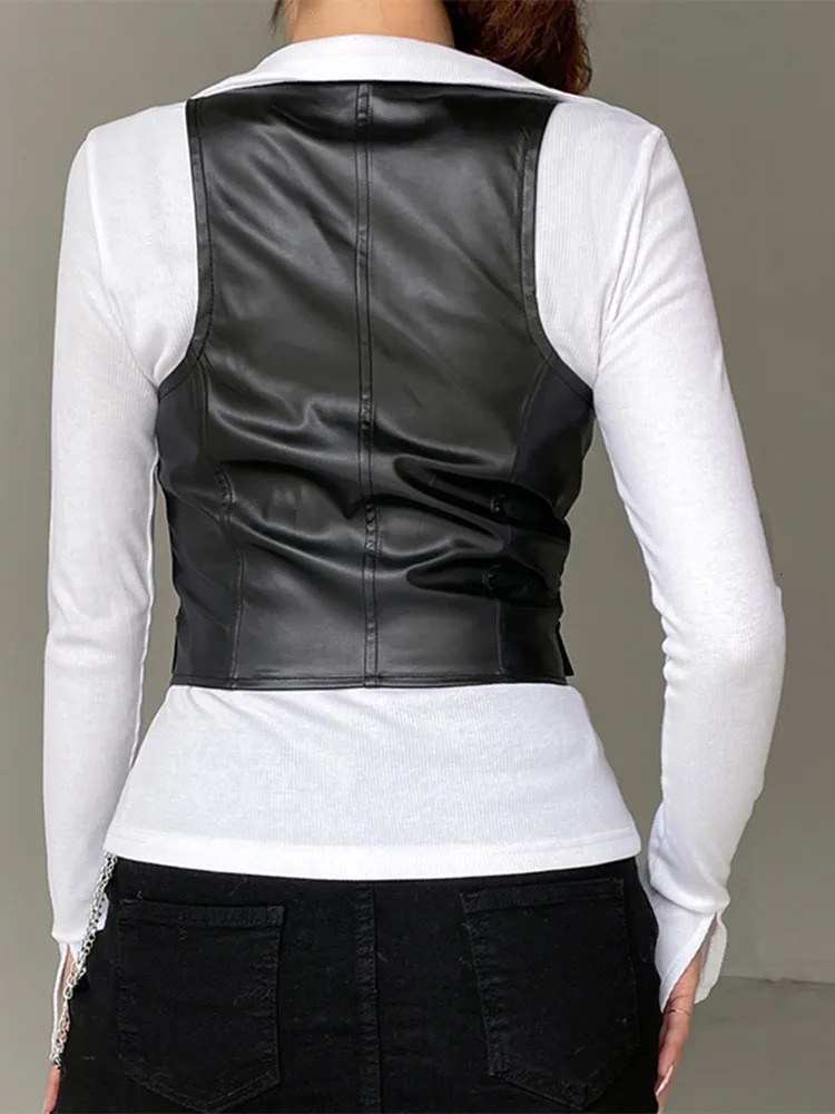 Women PU Leather Button Down Crop Blazer Vest Halter Dressy Punk Corset Top VNeck Sleeveless Y2K Waistcoat Jacket Coat 241121