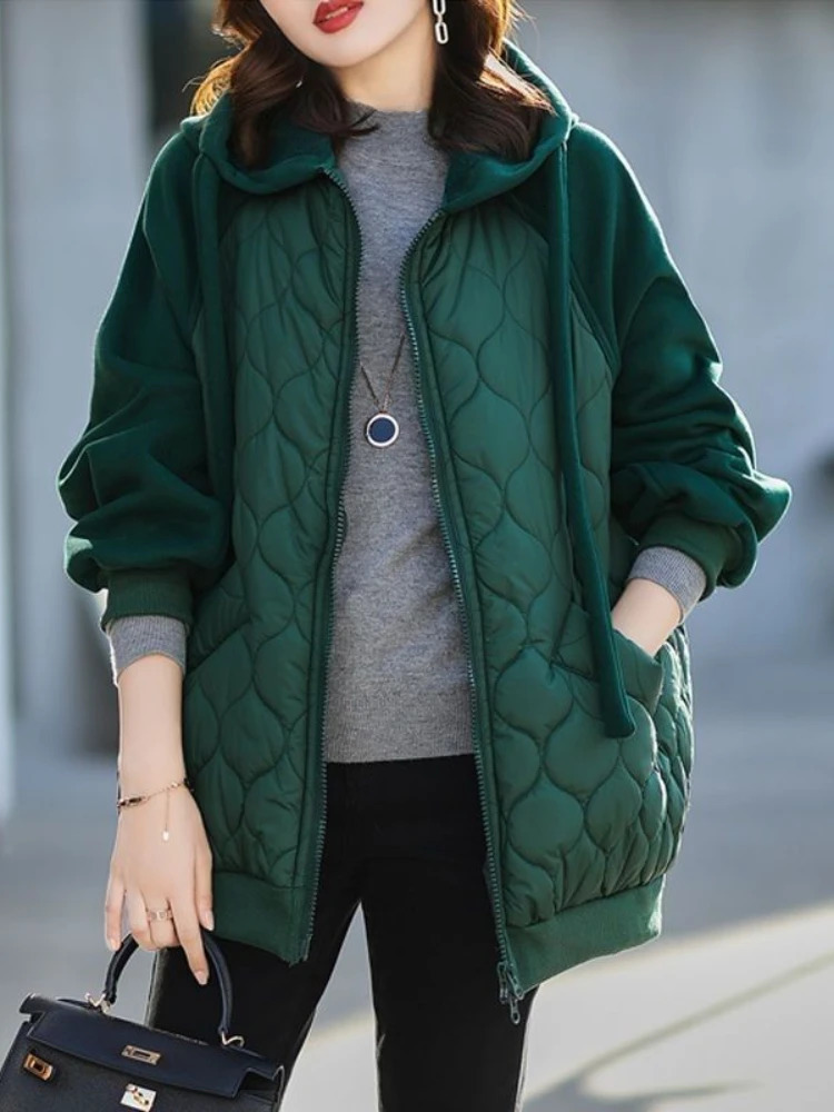 Autumn Korean Hooded Spliced Down Cotton Coat Thick Warm Puffer Jacket Female Loose Padded Overcoat Quilted Parka 241120