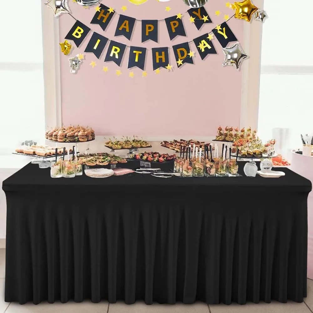 Rectangle/Round Stretch Skirt Hotel Outdoor Birthday Banquet Party Table Cover Black White Spandex Elastic Tablecloth 33