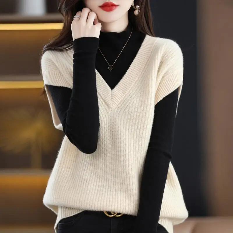 Knitted Jacket Sweater Womens Vest Sleeveless Coat Wool Blended VNeck Pullover Spring Autumn Fashion Top 241121