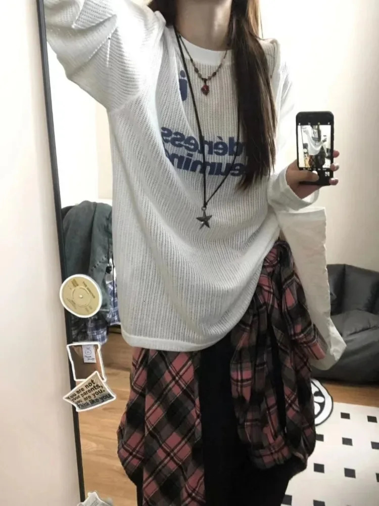 HOUZHOU Y2K Kpop Large Womens T-shirt Hollow Harajuku Sexy Gyaru Street Clothing Long Sleeve Knitted Top Korean Fashion Casual 241202