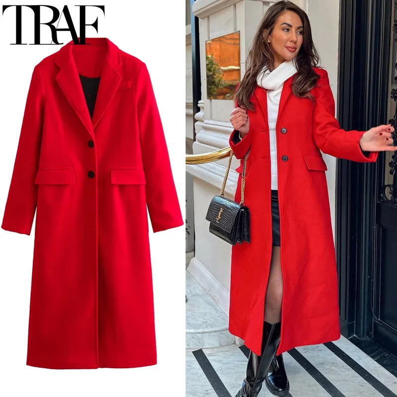 TRAF Winter Coats Woman 2024 Red Long For Women Autumn Faux Wool Coat Casual Sleeve Elegant Womens Overcoat 241121