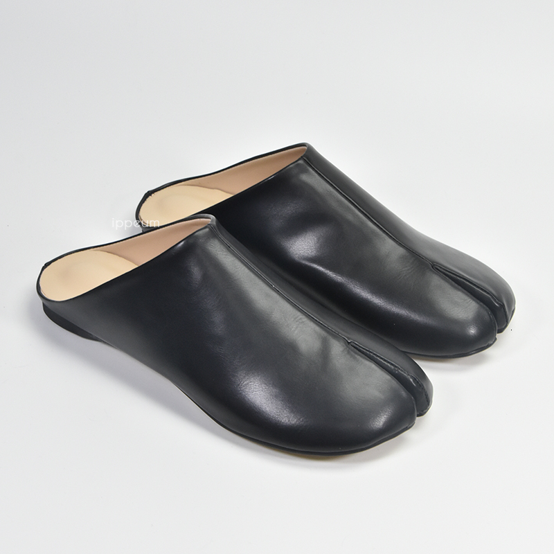 IPPEUM Tabis Mules Split Toe Plus Size 44 Black Leather Slippers Women Designer Flat Shoes