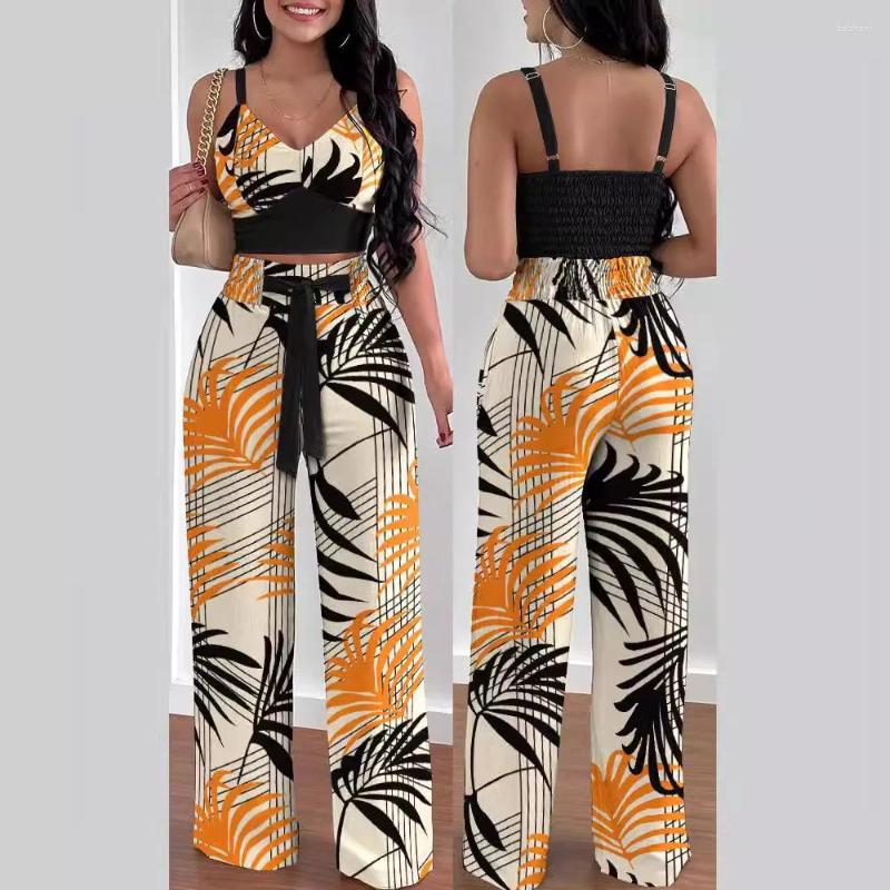 Womens Two Piece Pants 2 Clothes For Women Summer Sexy Sleeveless Polyester Print Top Pant Matching Sets Outfits C