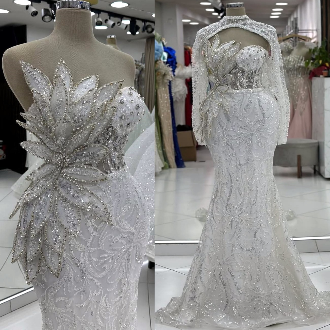Ivory Mermaid Prom Dresses 2024 Florals Crystals Sequined Evening Formal Party Second Birthday Engagement Gowns Plus Size Dress For Special Occasions