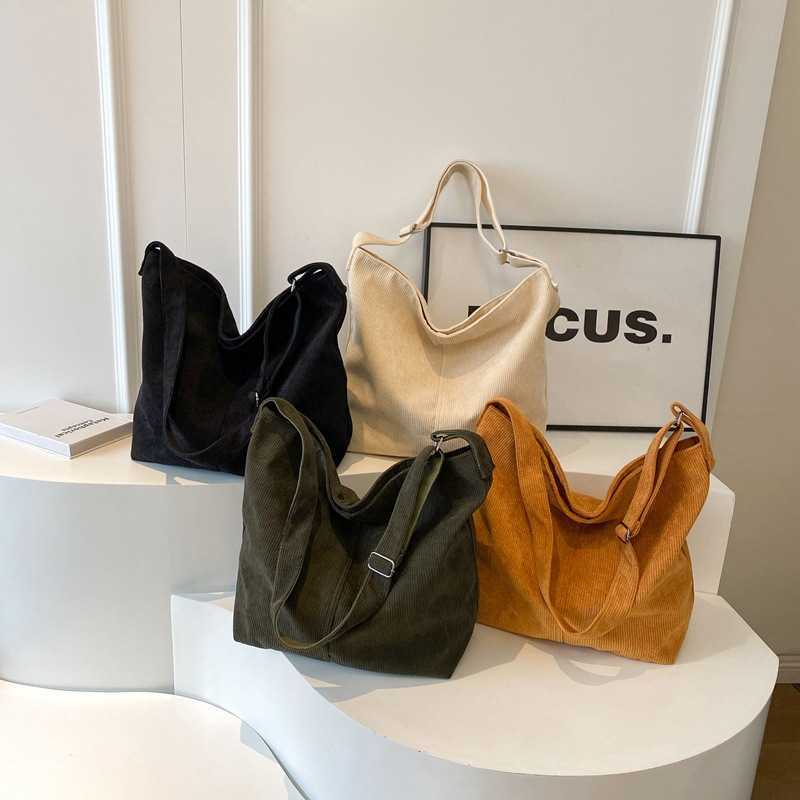 Large capacity fashionable simple artistic versatile trend crossbody shoulder bag corduroy solid color tote bag 241203
