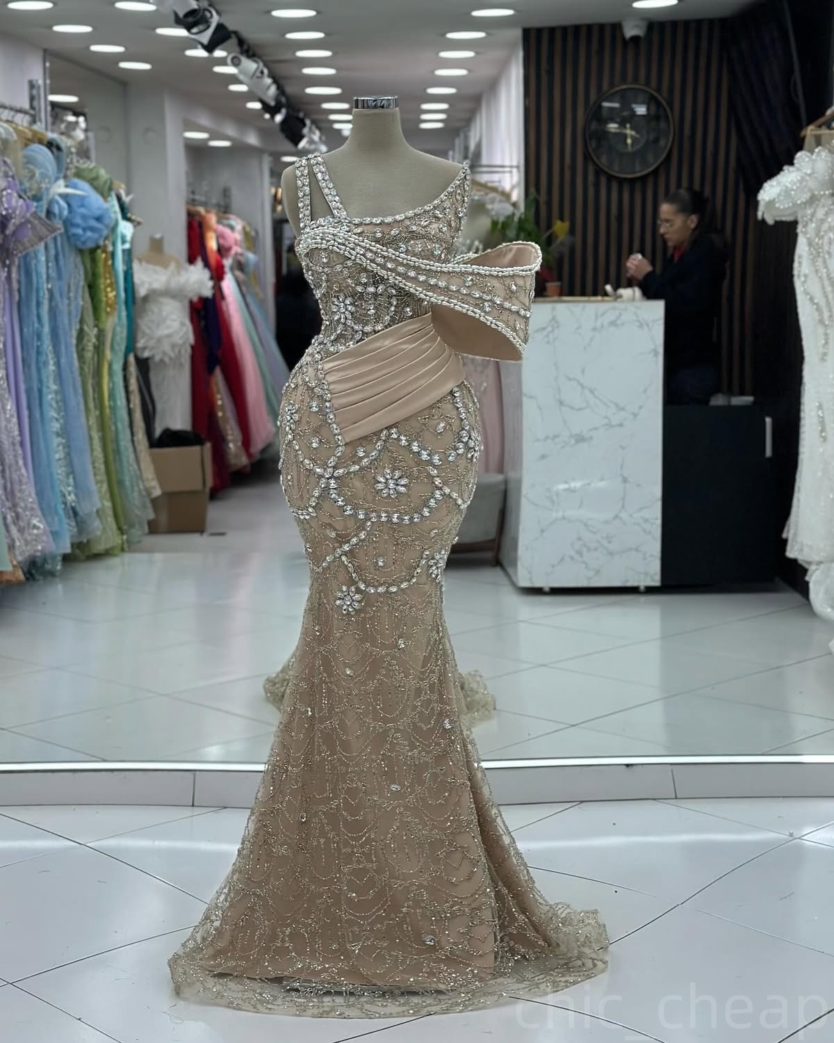 Champagne Illusion Mermaid Prom Dresses 2024 Rhinestones One Shoulder Evening Formal Party Second Birthday Engagement Gowns Plus Size Dress For Specia