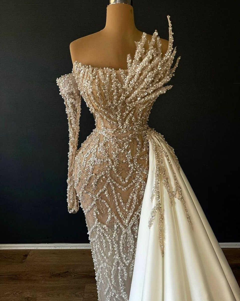 Designer Evening Dresses For Women One Shoulder Long Sleeves Gown Sequins Beaded Sweep Train Customized Dress Party Prom