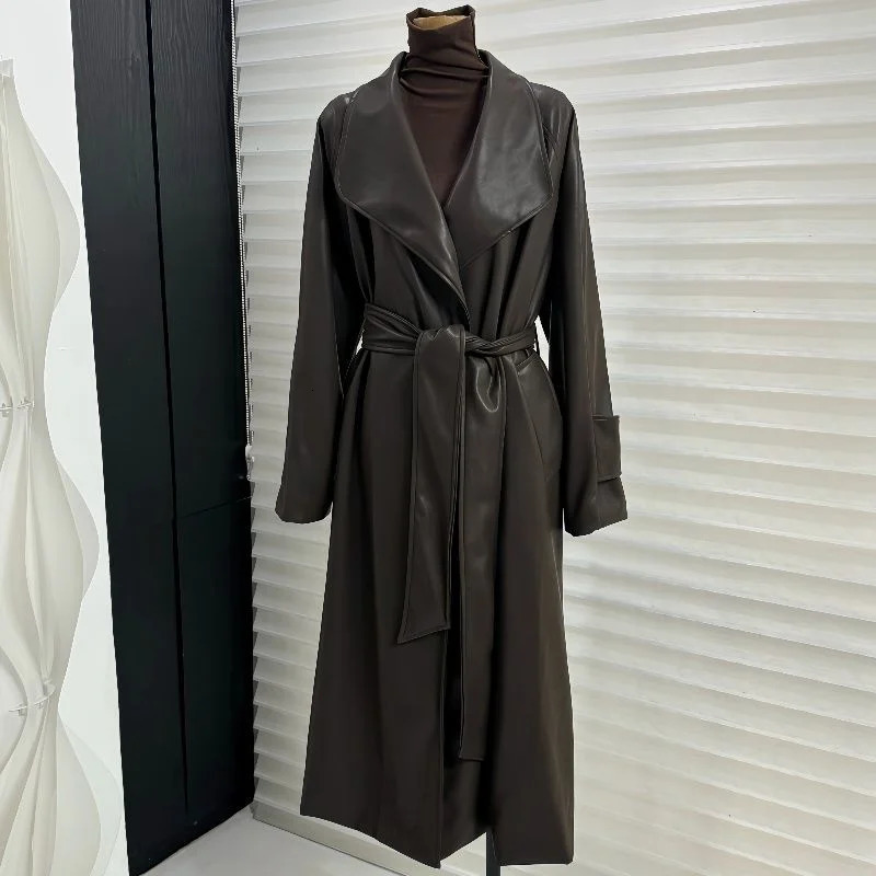 Women PU Leather Windbreaker Lapel Solid Color Belt Mid Length Trench Coat Vintage Cool Streetwear Clothes 241202