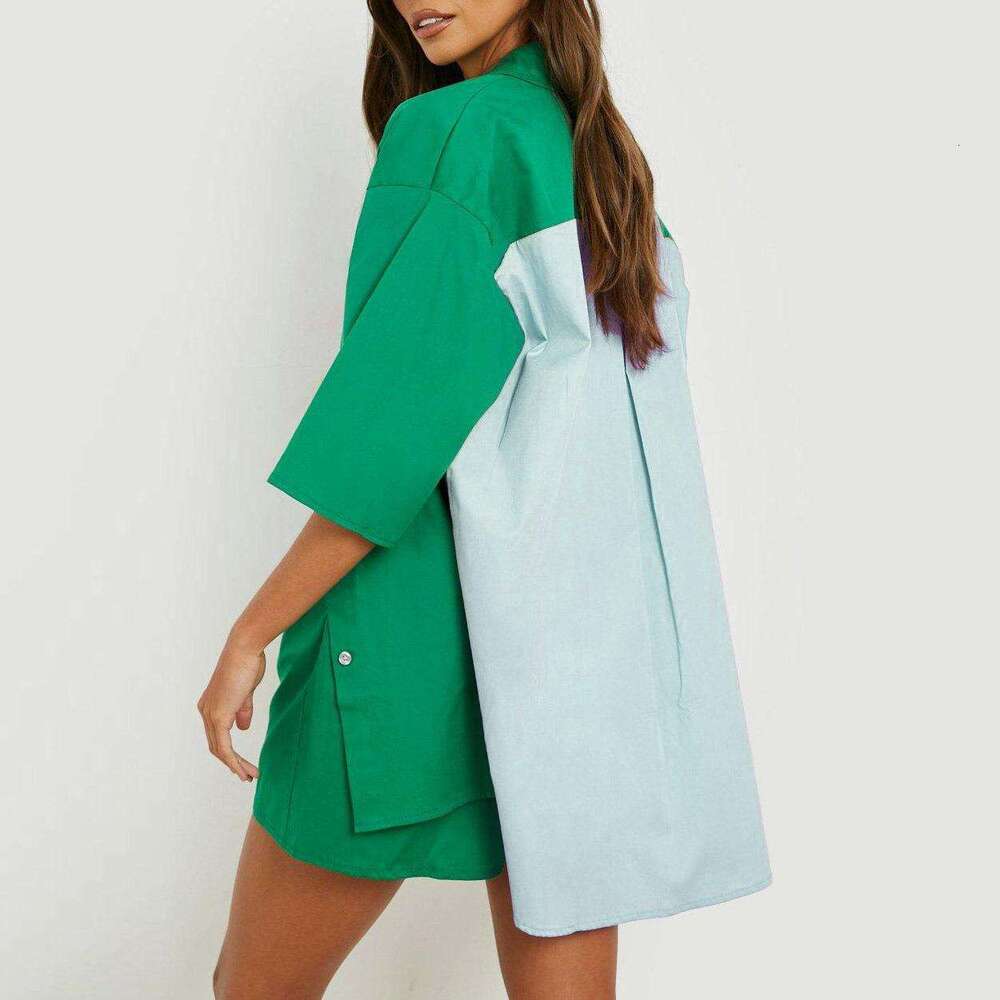2013 Spring/Summer New Casual Set Women's Color blocked Oversized Medium Sleeve Shirt Top Elastic Waist