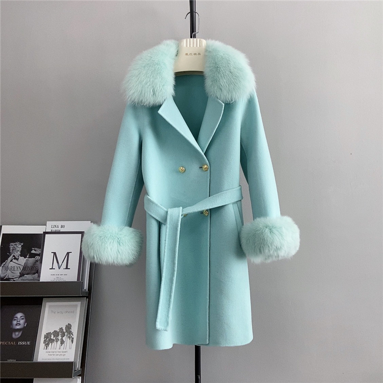 New autumn and winter fur coat for women double-sided woolen temperament woolen coat lace up double breasted fox fur collar 231026