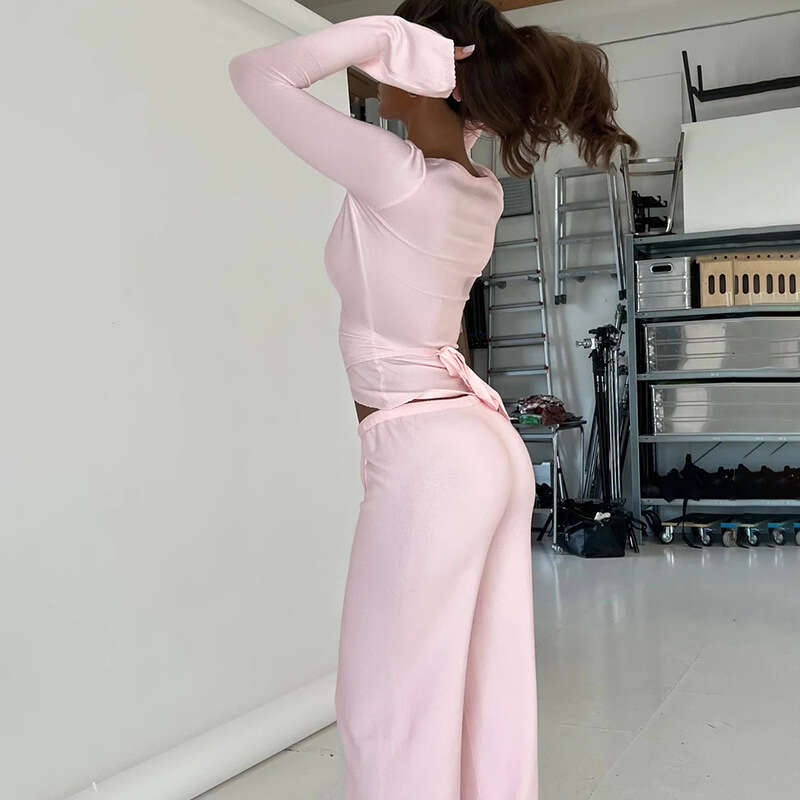 2024 Autumn Solid Color Plush Basic Strap Long Sleeve Top High Waist Drawstring Straight Leg Pants Casual Comfort Set
