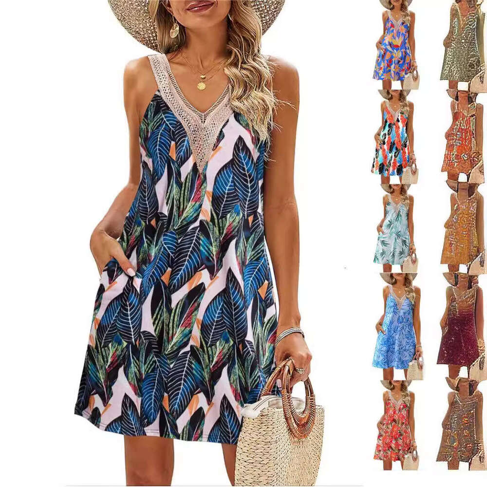 24TEMUTK Summer Beach V-neck Tropical Casual Printed Sleeveless Dress