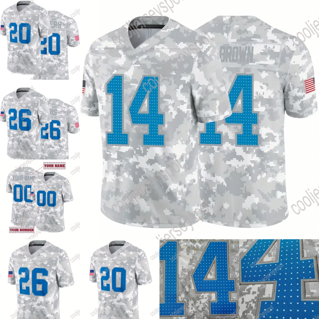 #14 St. Brown 26 Gibbs 20 Sanders 16 Goff Camo 2024 Salute to Service Football Jersey Custom Any Name Number S-XXXL Mens Womens Youth