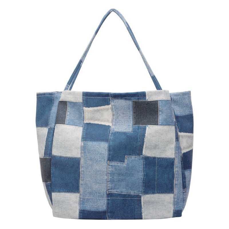 Simple canvas denim tote bag for women, large capacity casual shoulder bag, commuting handbag, large checkered cloth bag