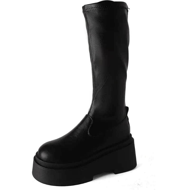 Short and chubby womens knee high boots fashionable sliding knight boots platform flat autumn and winter shoes 241213