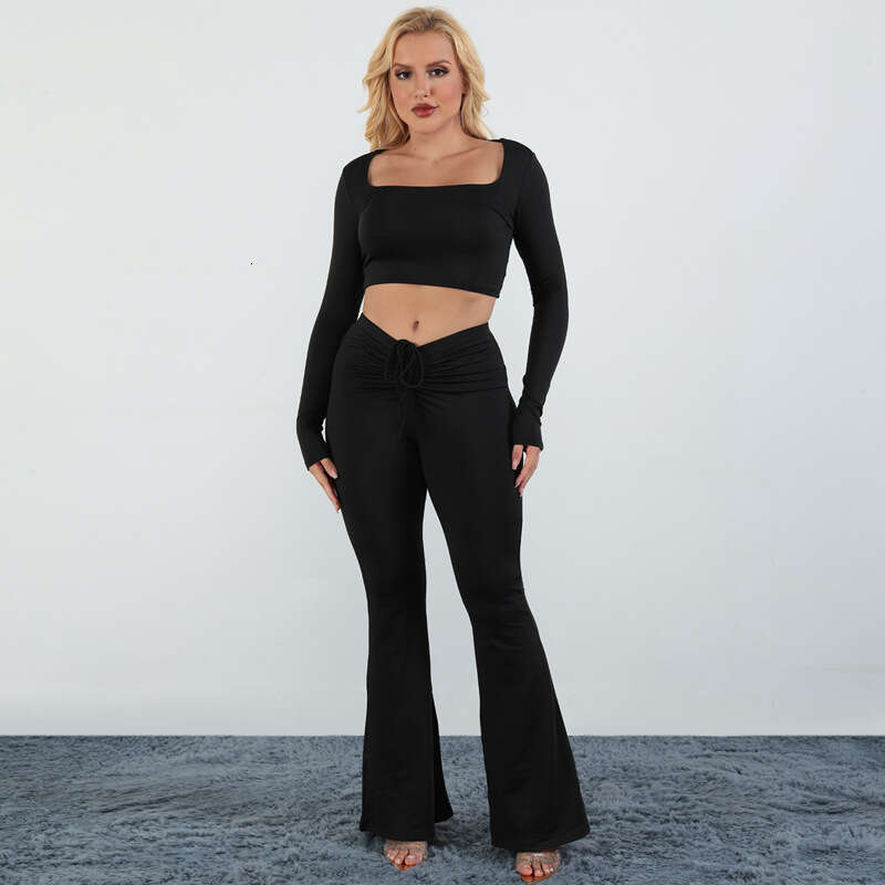 2024 Winter New Product Fashion Solid Color Long Sleeve Top Drawstring Wrinkle Horn Pants Set for Women