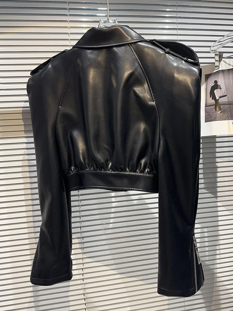 DEAT Streetwear Pocket PU Leather Black Coat For Women Long Sleeve Single Breasted Lapel Jacket 2024 Spring Female 11XX5280 241202