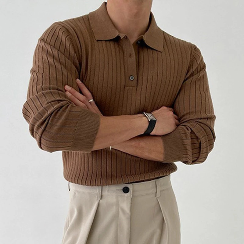 Mens casual knitted polo shirt with long sleeves and button down high-end solid color trendy latte art knitted streetwear 241203