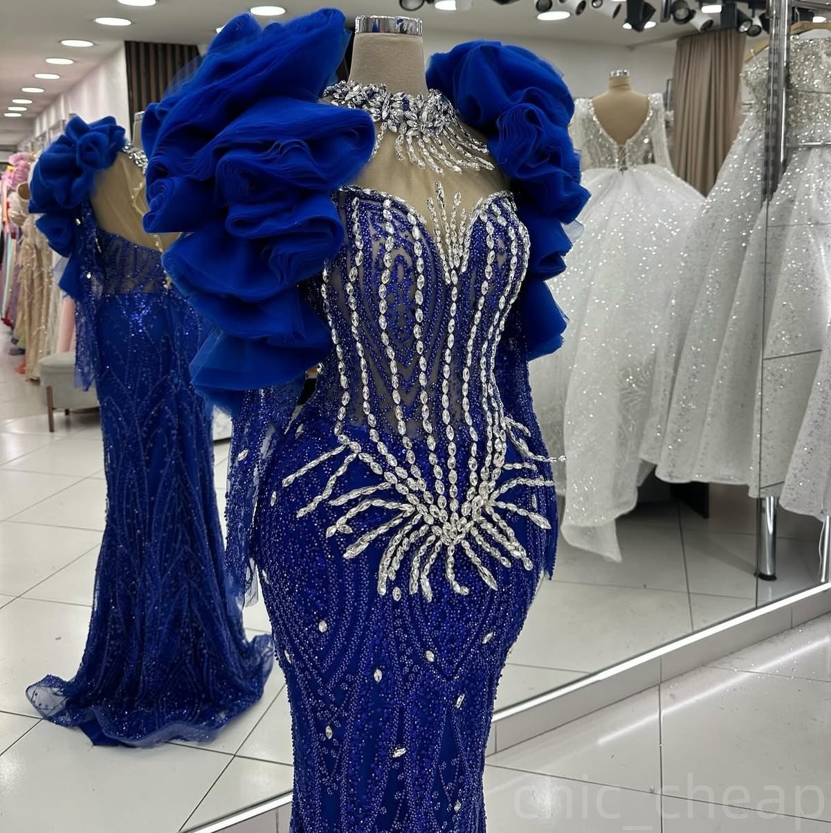 Royal Blue Mermaid Prom Dresses 2024 Rhinestones Full Sleeves Lace Evening Formal Party Second Birthday Engagement Gowns Plus Size Dress For Special O