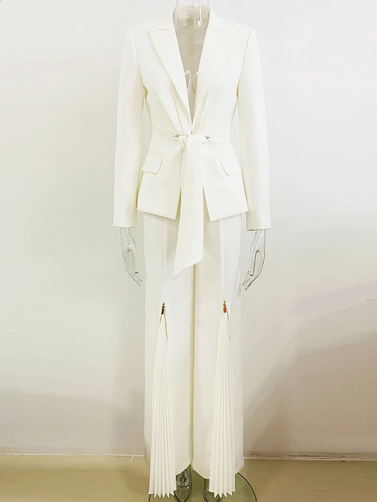 HIGH QUALITY est Fashion Suit Set Womens Lacing Belt Blazer Pleated Zip Pants Set 2pcs Set 241203