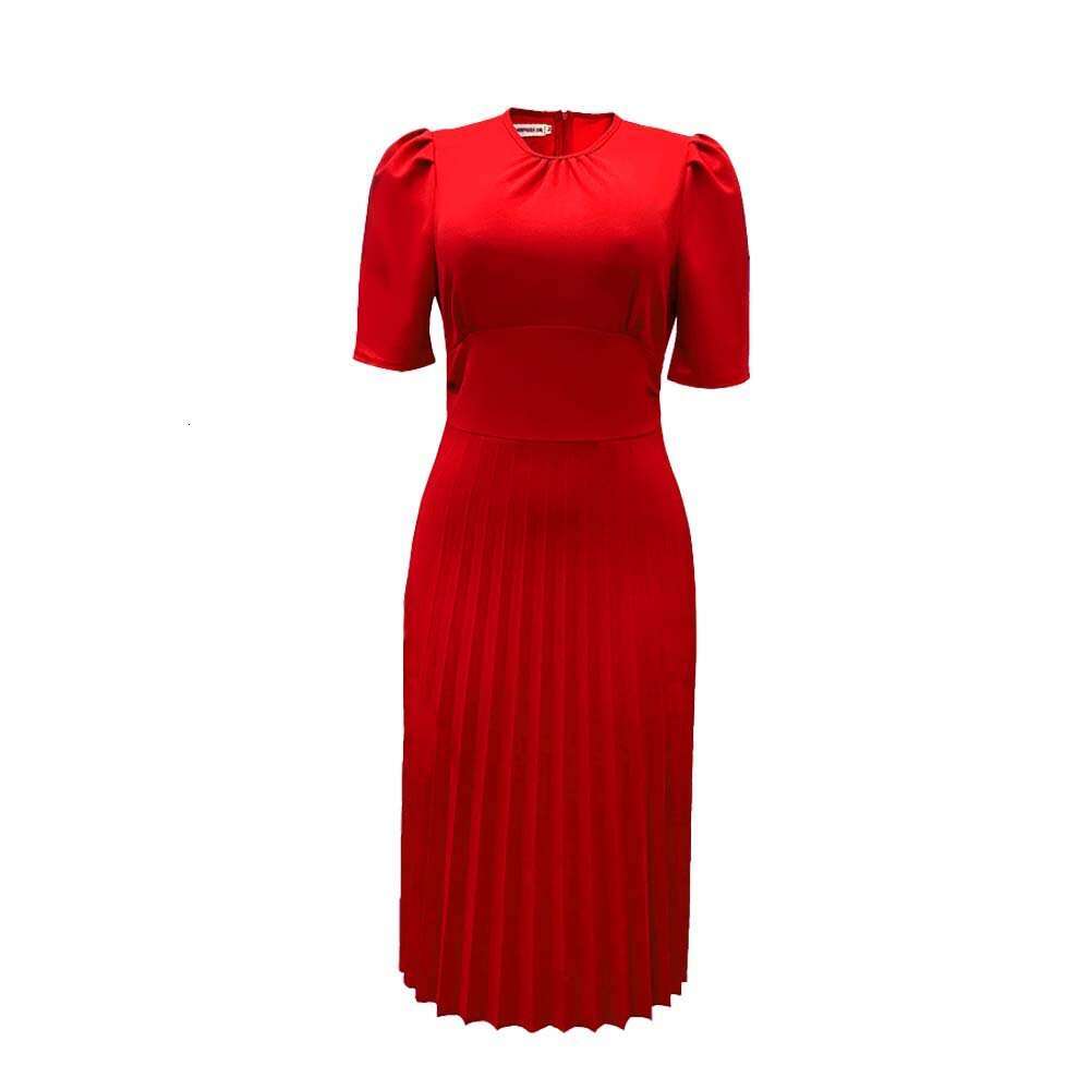 D2022024 Summer New Short Sleeve Pleated Solid Color Large Dress