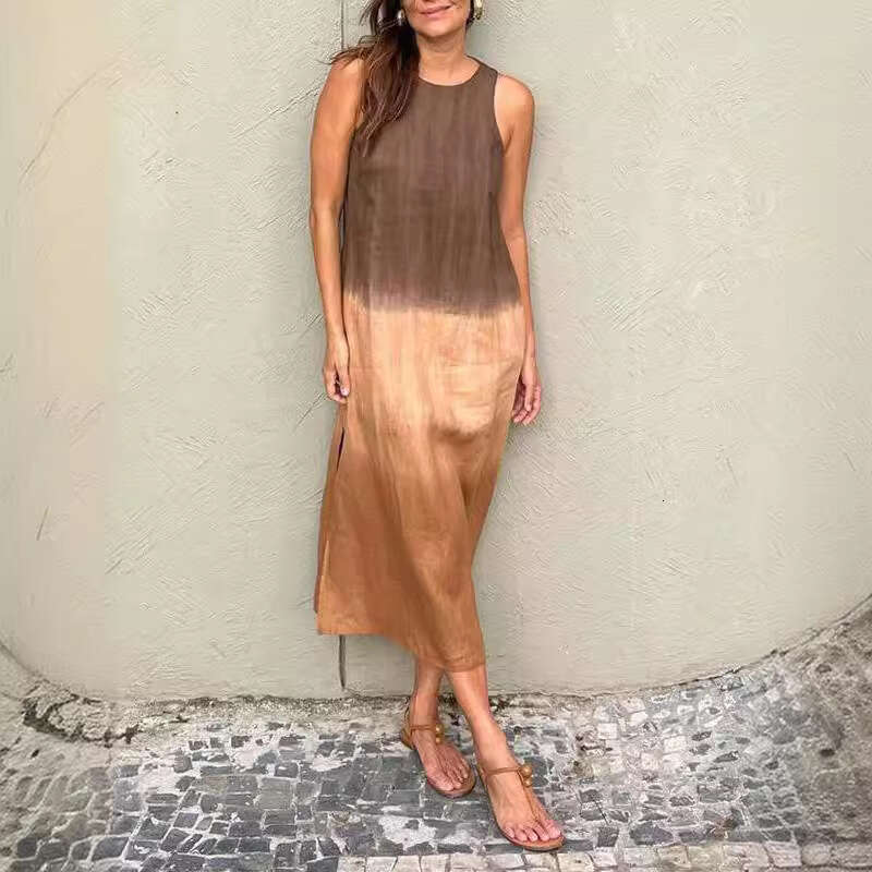 2024 Summer Women's Casual Sleeveless Split Gradient Color Long Dress