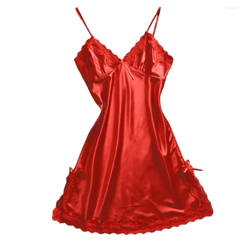 Women's Sleepwear Women Satin Sexy Bowknot Chemises Sleepdress Lace Panel V Neck Babydolls Charming Night Dress Solid Sling Lingerie Pijama