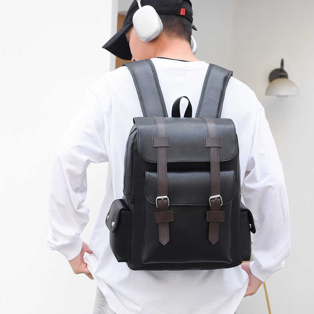 Large capacity soft PU leather backpack, casual business computer bag, student backpack, outdoor travel backpack 241203