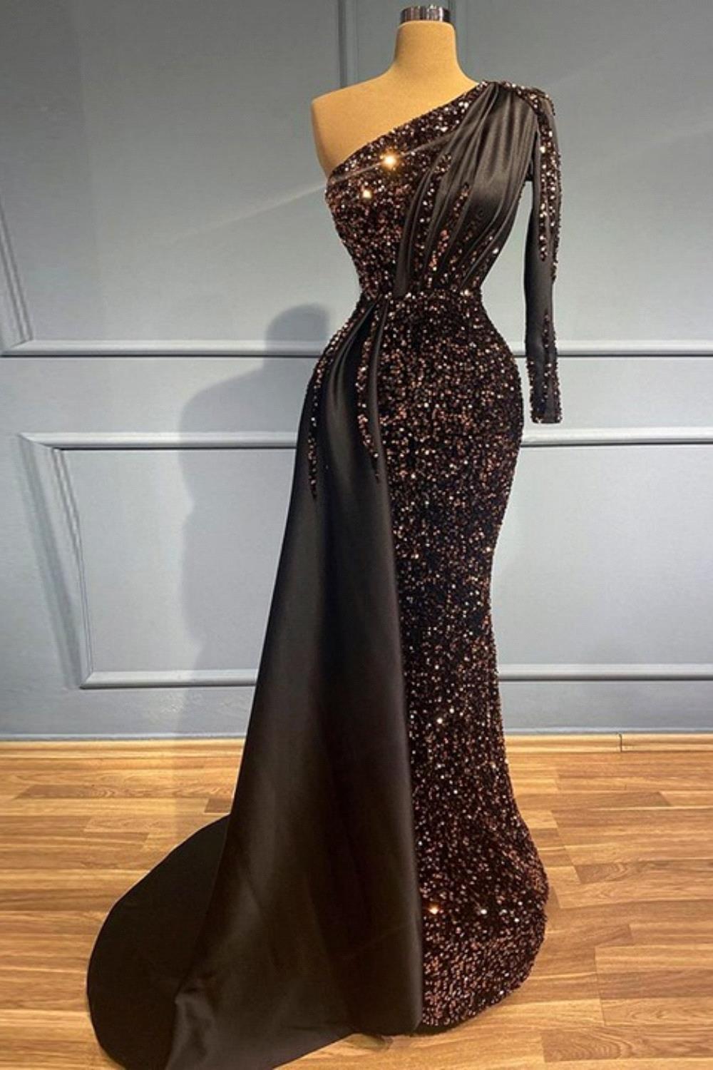 One Dress Shoulder Sexy Evening Dresses For Women Mermaid Beading Sequins Formal Gowns Party Bc es mal