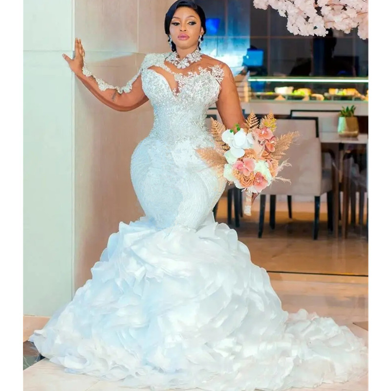 Size Plus White Mermaid Wedding Dresses With Detachable Train Gillter Long Sleeve Beaded Crystals Arabic Aso Ebi Bridal Gowns Robe De Mariee