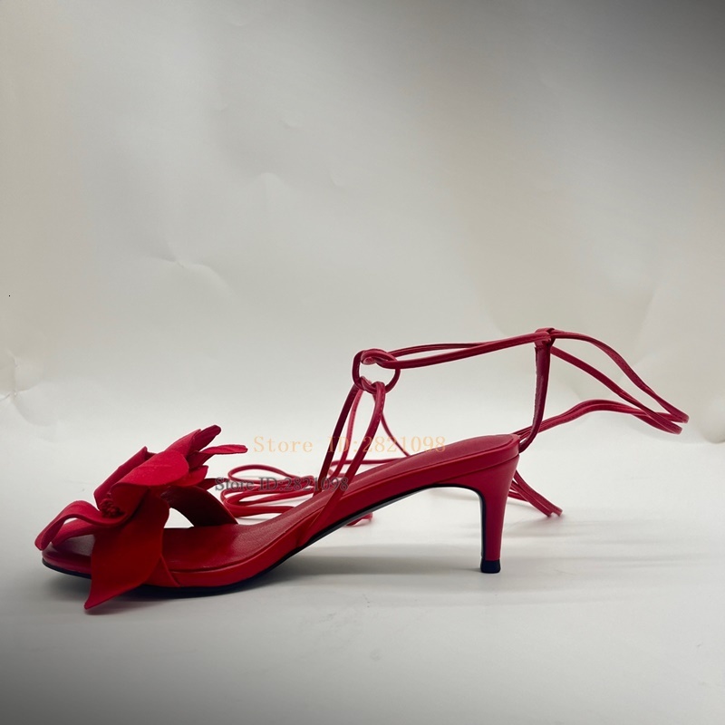 Hot Pure Red Wers Thin Heeled High Heel Sandals Women Round Toe Lace Up Tassel Summer Party Shoes
