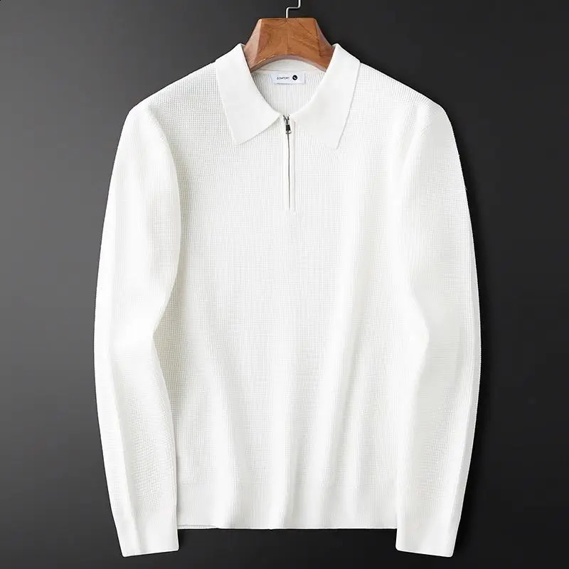 Warm knitted waffle half zipper white polo shirt for men long sleeved sweater lapel sweater for men 241203