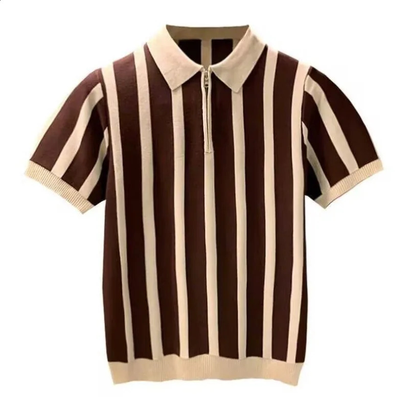 Korean retro summer short sleeved polo shirt mens collar striped personalized fashion simple splicing work zipper ice silk knitted top 241203