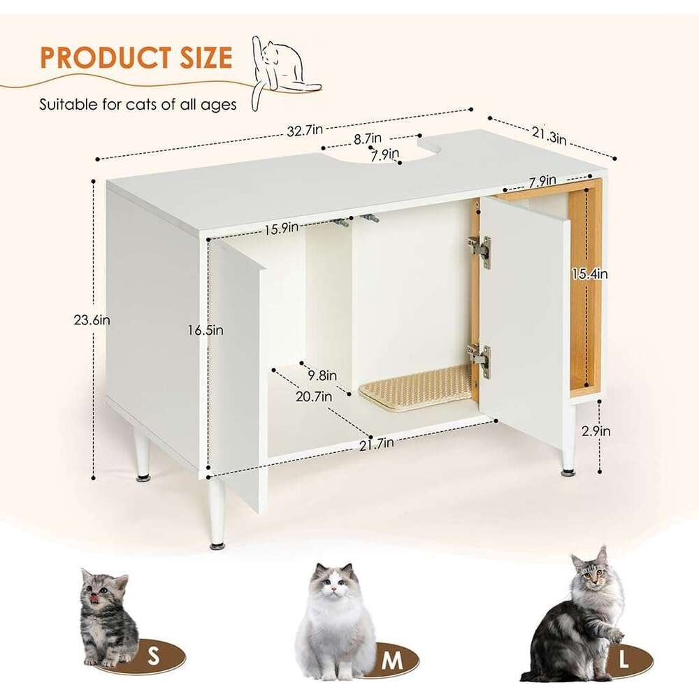 AMZOSS 2 in 1 Vanity Enclosure, Bathroom Litter Box Furniture Hidden with Double Door and Divider, Wooden Cat Washroom Furniture, Traditional Under Si