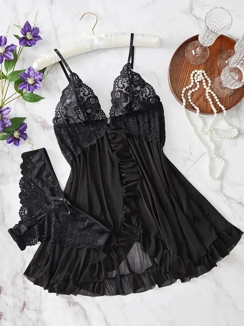 Women's Sleepwear Women Nightdress Sexy Lace Chemise Bow Nightgown Solid Slim Soft Dresses V Neck Full Slip &