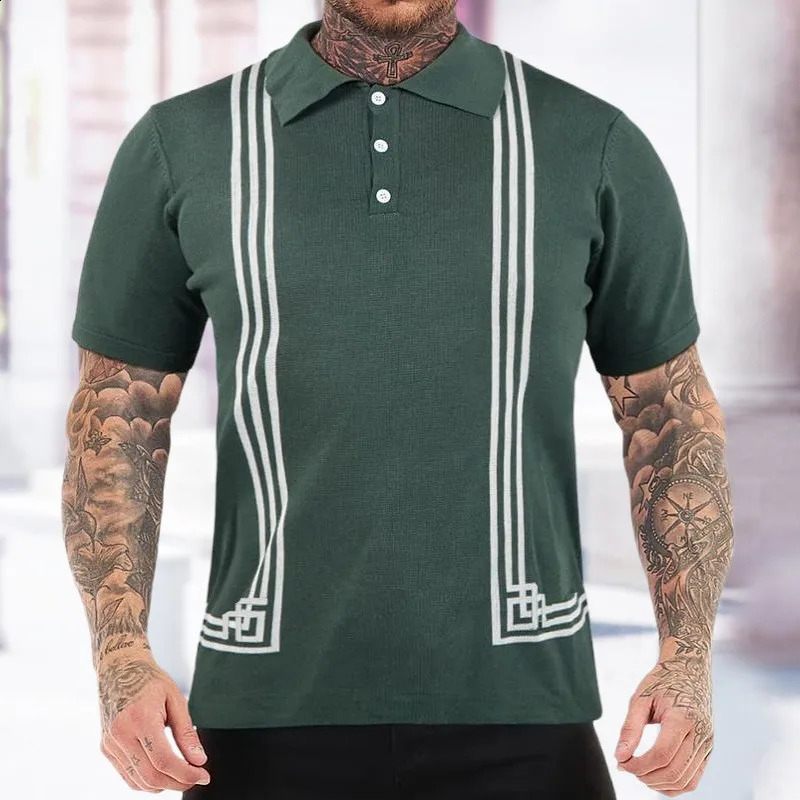 Summer clothing mens knitted short sleeved polo shirt retro lapel buckle patch work fashion business casual knitting 241203