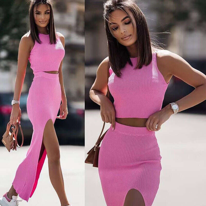 Women's clothing 2024 autumn new item solid color round neck vest with exposed navel side open skirt set for women