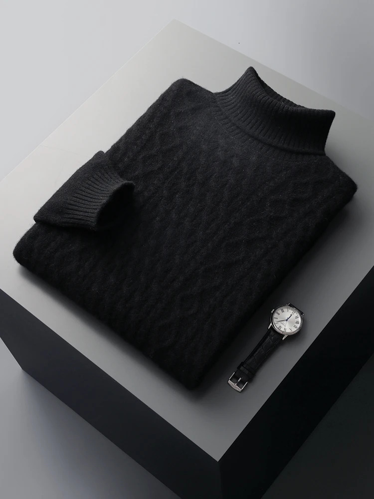 Qiku Mens Turtle Neck Cashmere Sweater Autumn Thick Pulled 100% Merino Wool Knitted Cable Knitted Warm Casual Top 241202 - view 4