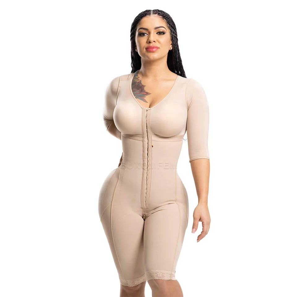 Seamless Faja with sleeves and bra elastic and tight push up full body shaping adjustable bodysuit hooked eye earrings 241203