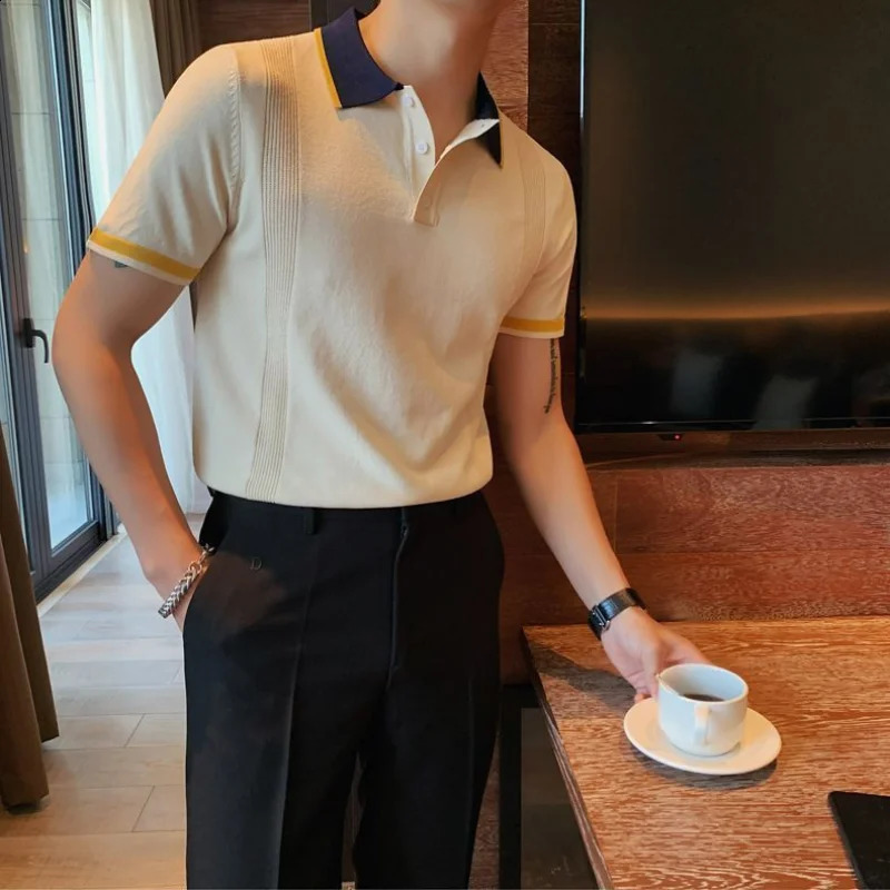 High quality Korean fashion trend panel polo shirt mens lapel button youthful and energetic casual edition short sleeved knitted top 241203