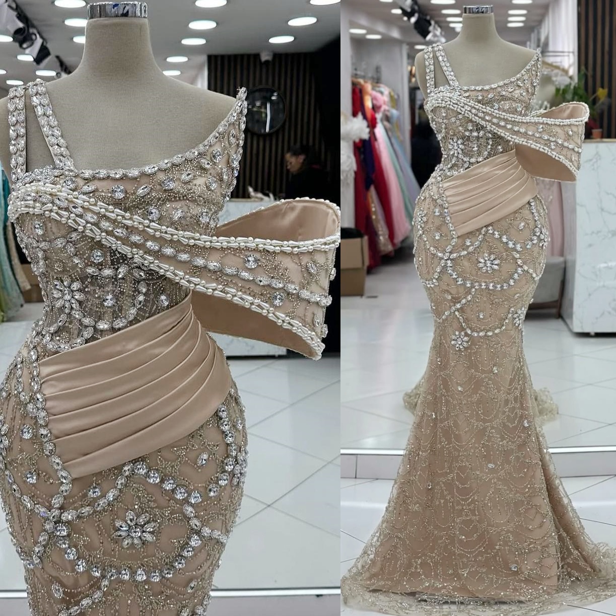 Champagne Illusion Mermaid Prom Dresses 2024 Rhinestones One Shoulder Evening Formal Party Second Birthday Engagement Gowns Plus Size Dress For Specia