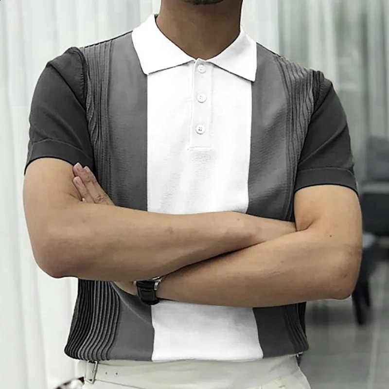 Summer Mens Knitted Short Sleeve Polo Shirt Retro Buckle Patch Work Fashion Business Casual Knitted 241203