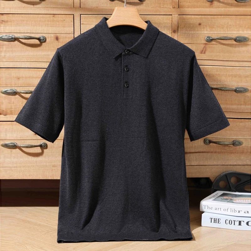 100% Merino summer sweater mens lapel short sleeved POLO collar sweater loose knit top plus size T-shirt 241203