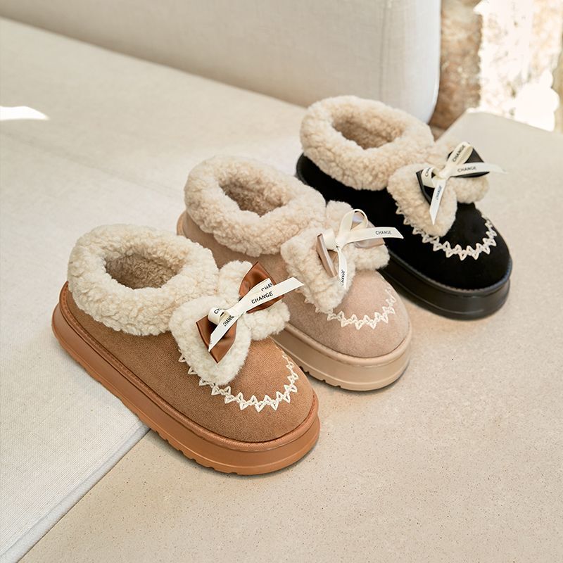 New winter cotton shoes with bow tie for girls, warm snow boots made of lamb wool, cute and non slip thick sole, wearing cotton shoes on the outside