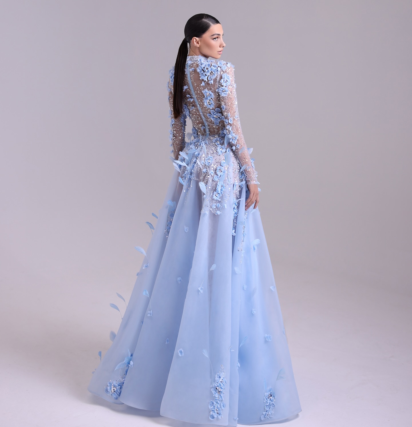Gorgeous Baby Blue Appliqued Evening High Neck Illusion Long Sleeves Gala Women Or Length Dresses For Special Ocns 6660311